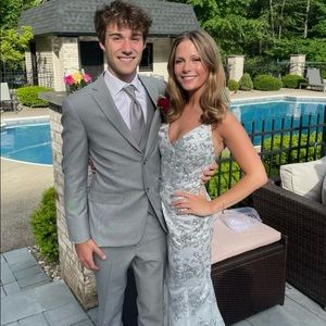 Silver/Grey Sequin Ribbon Back Prom Gown